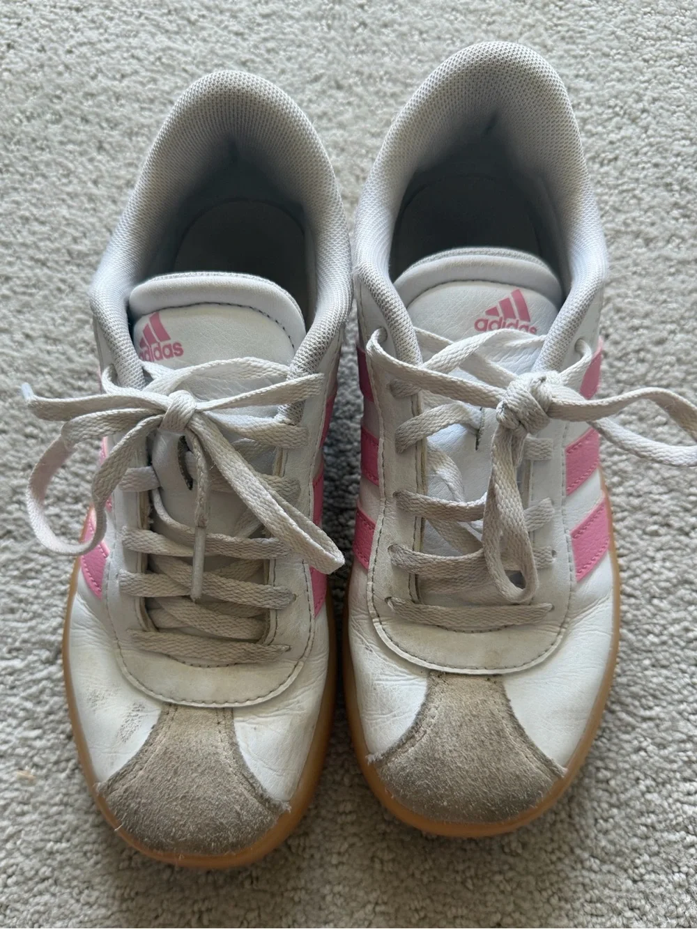 adidas Kids White Sneakers with Pink Stripes and Gum Sole